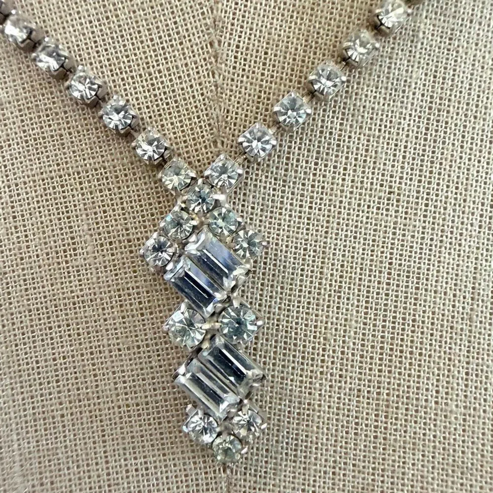 Vintage Rhinestone Tennis Necklace with Baguette Drop